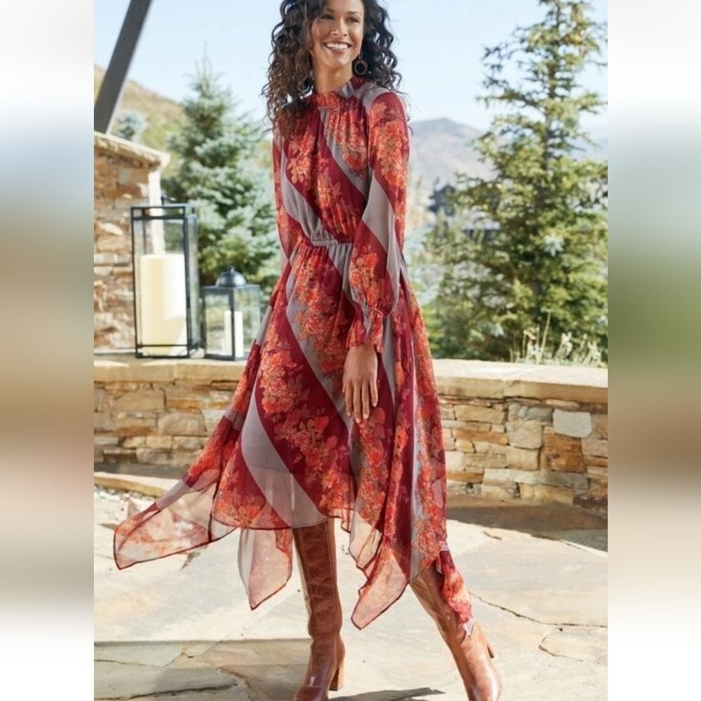 Soft Surroundings Women Woodland Manor Hi - Lo hem Boho Midi Floral Dress sz M